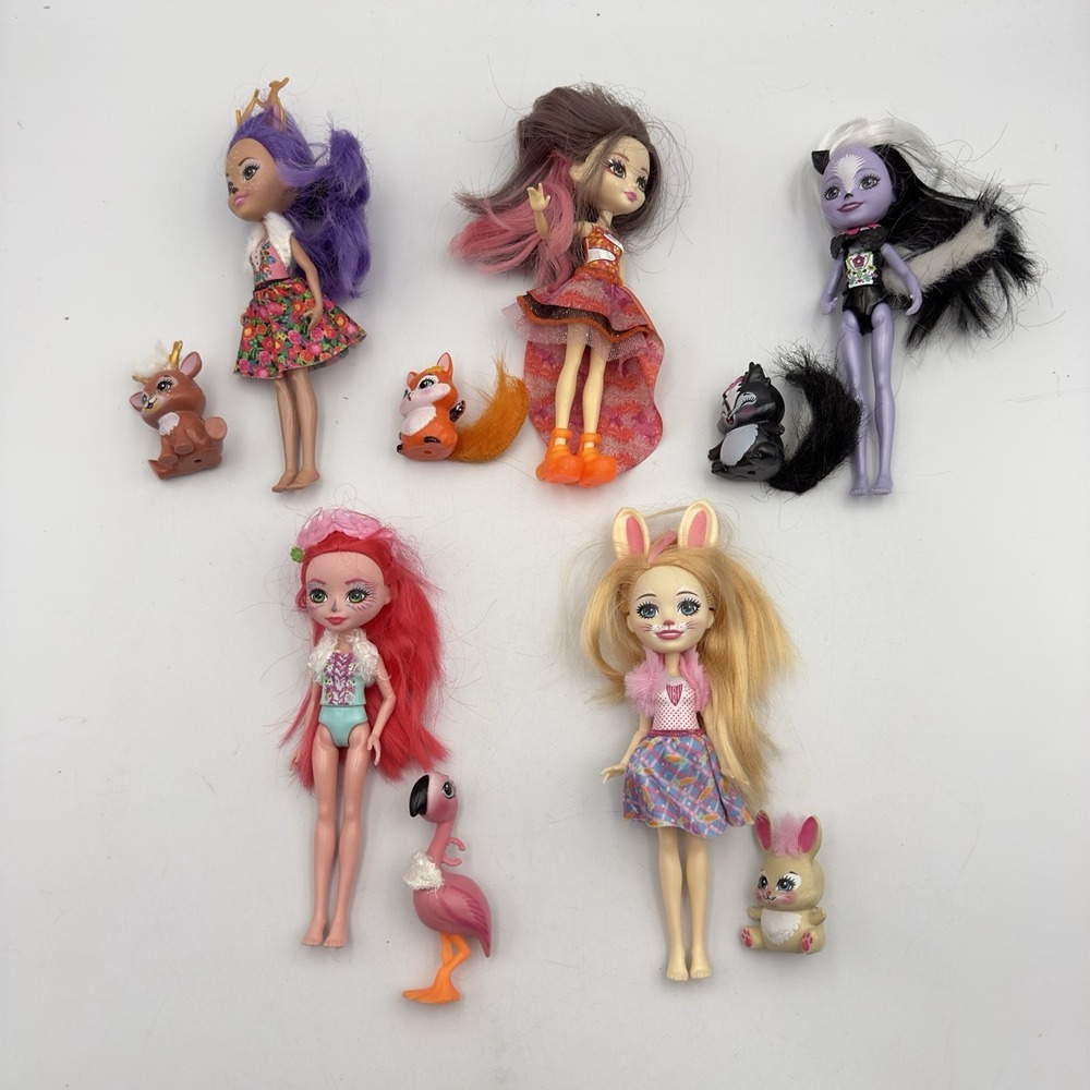 Mattel‎ Enchantimals Lot of 5 Fashion Dolls Pet Animals Skink Fox Reindeer
